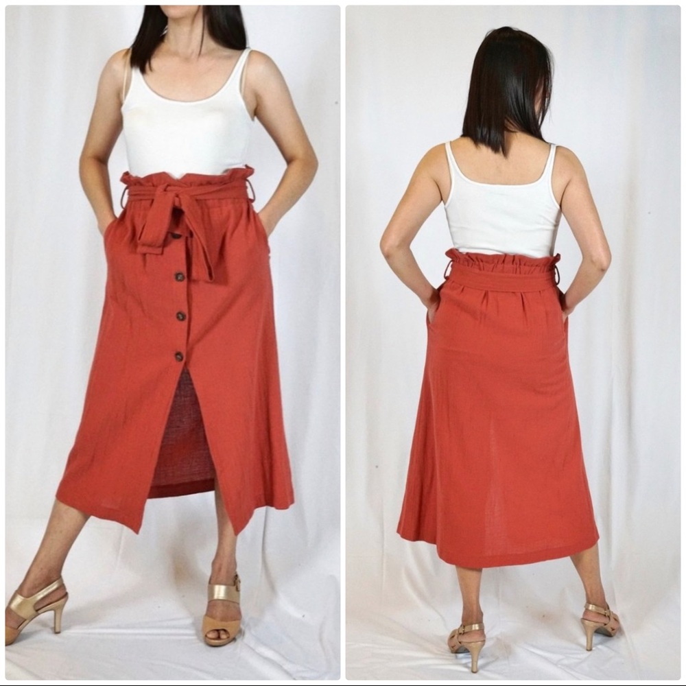 Belted Button Midi Skirt - Brick BRAND NEW!